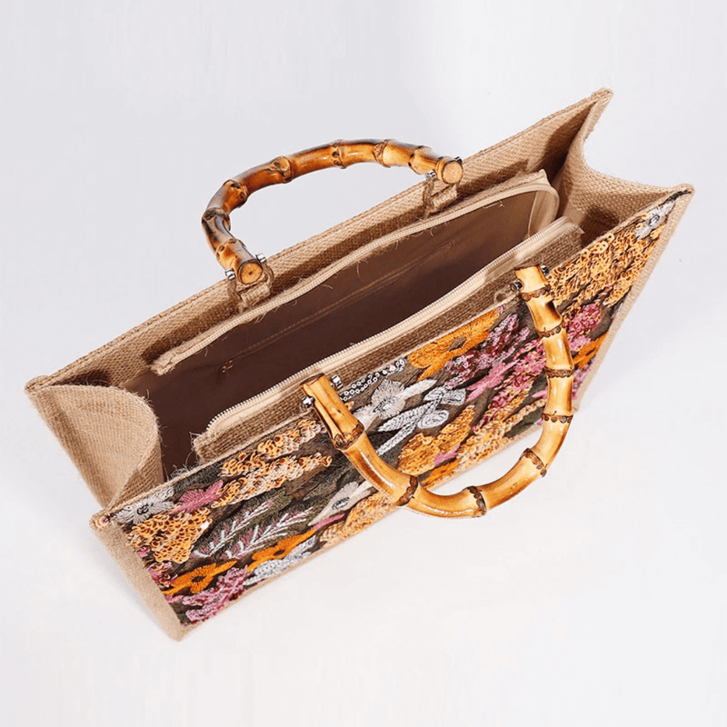 Bolsa de Praia Tote com Alça de Bambu Bordada