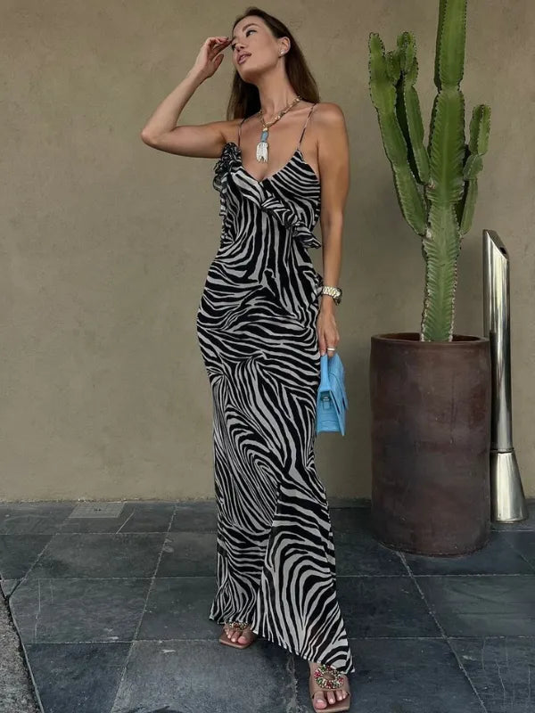 Vestido Longo Estampa Animal Print Zebra com Babados