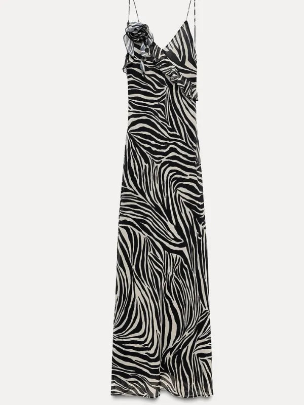 Vestido Longo Estampa Animal Print Zebra com Babados