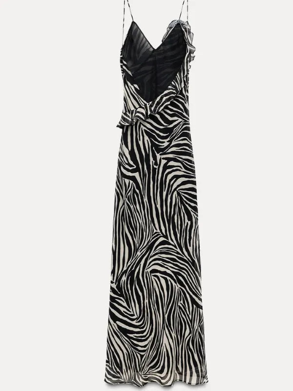 Vestido Longo Estampa Animal Print Zebra com Babados