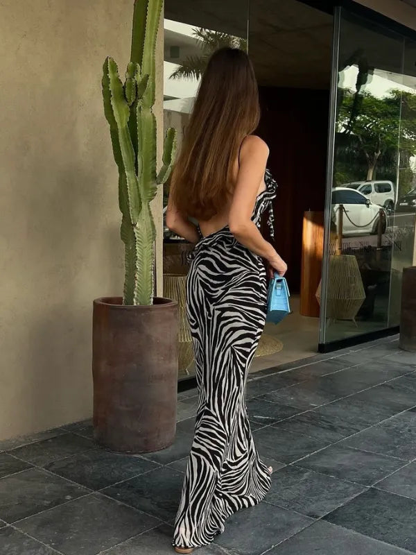 Vestido Longo Estampa Animal Print Zebra com Babados