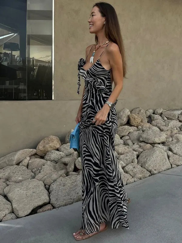 Vestido Longo Estampa Animal Print Zebra com Babados