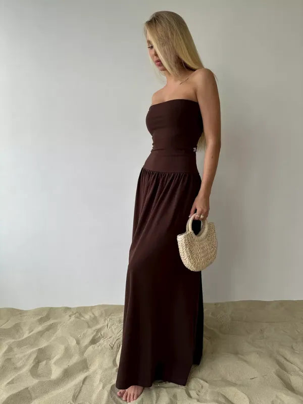 Vestido Longo Tomara que Caia Detalhe Franzido Marrom Chocolate (Outlet)