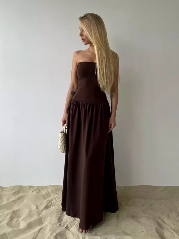 Vestido Longo Tomara que Caia Detalhe Franzido Marrom Chocolate