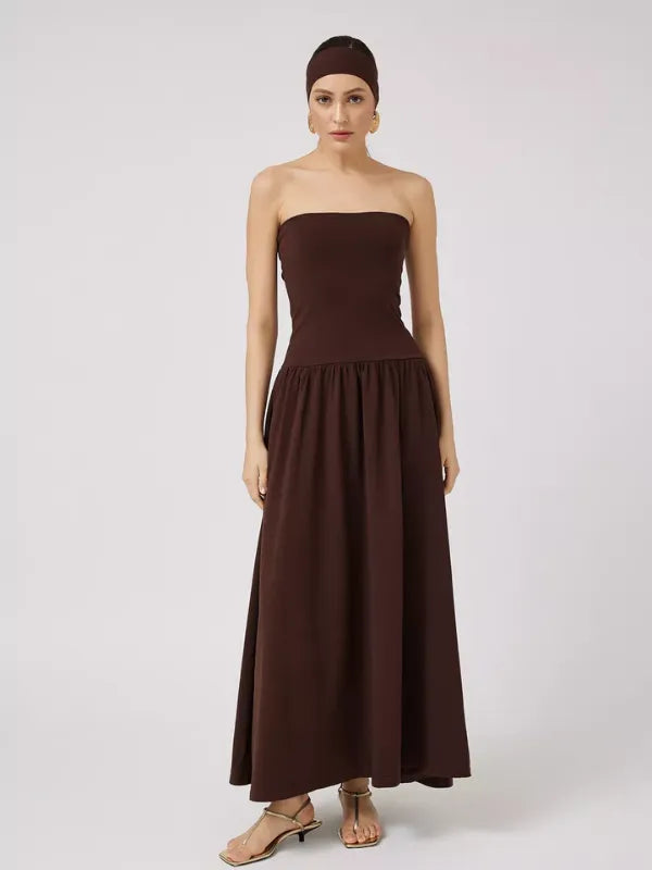 Vestido Longo Tomara que Caia Detalhe Franzido Marrom Chocolate