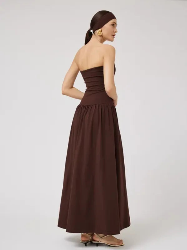 Vestido Longo Tomara que Caia Detalhe Franzido Marrom Chocolate