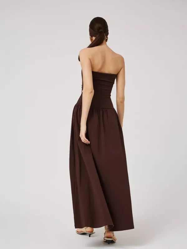 Vestido Longo Tomara que Caia Detalhe Franzido Marrom Chocolate (Outlet)