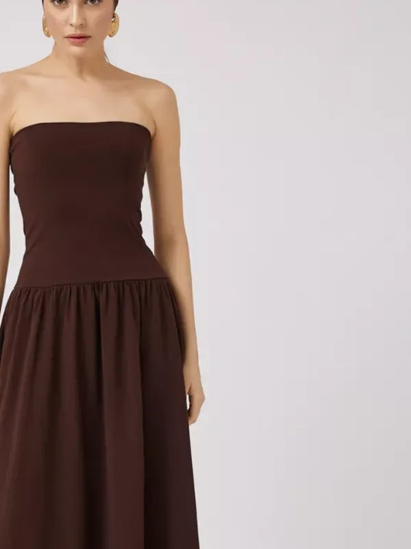 Vestido Longo Tomara que Caia Detalhe Franzido Marrom Chocolate