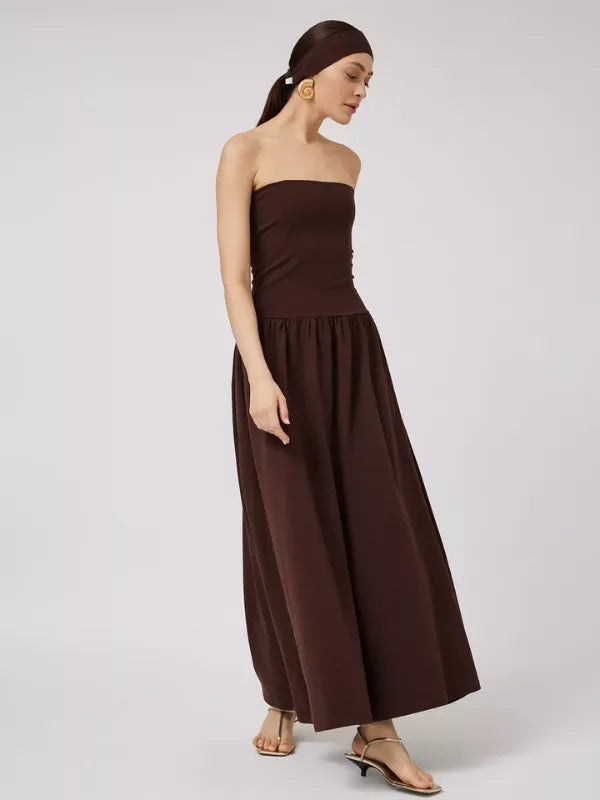 Vestido Longo Tomara que Caia Detalhe Franzido Marrom Chocolate (Outlet)