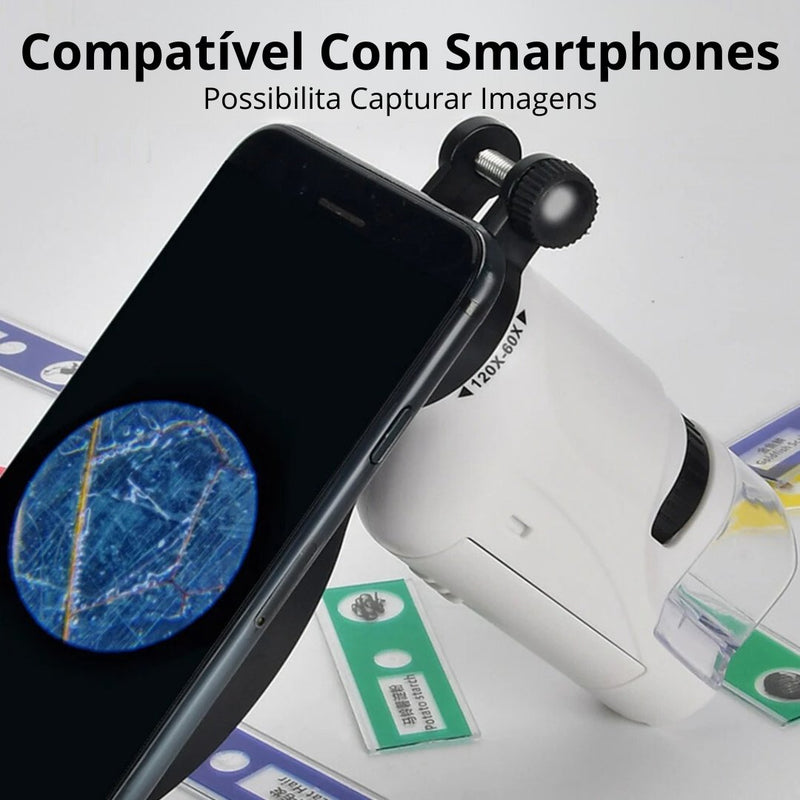 Microscópio de Bolso para Crianças - Ampliação 60X-120X com Luz LED e Conexão para Smartphone